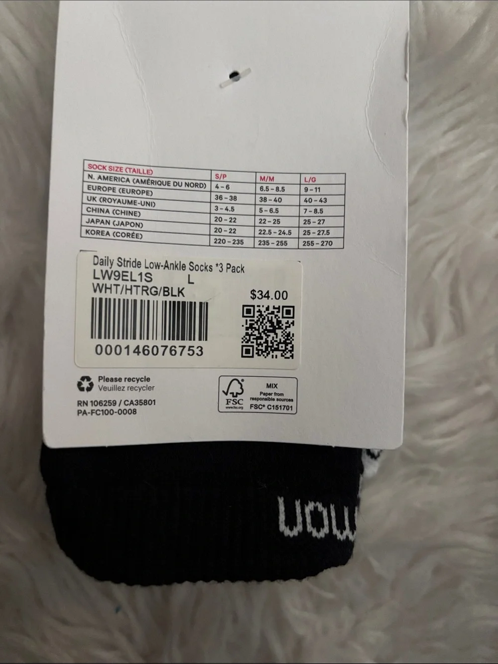 Lululemon Daily Stride Low-Ankle Socks *3 Pack, Black/Grey/White, Large